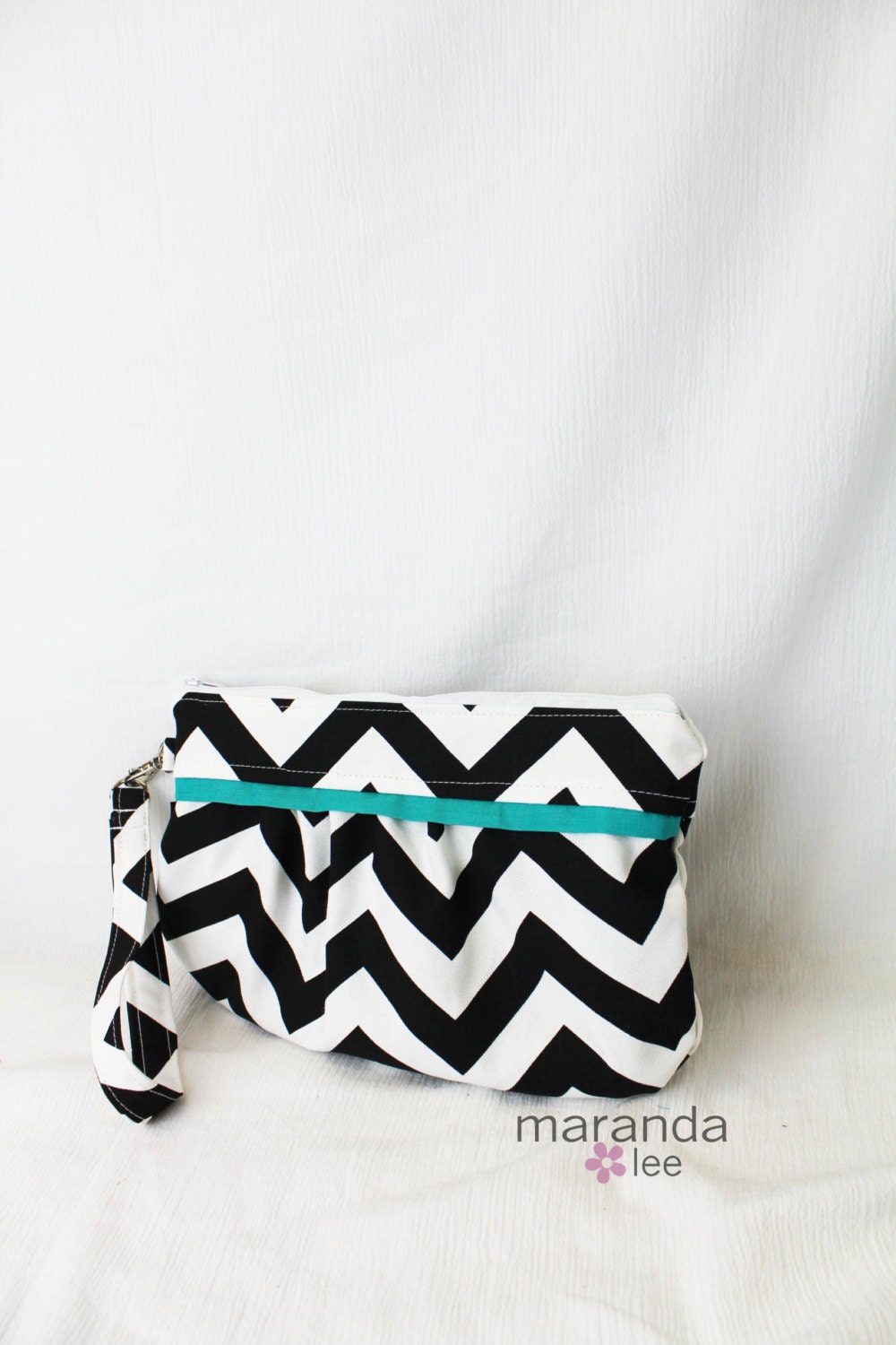 Clutch - Zippered Wristlet in Black Chevron and Teal Clutch WITH detachable strap - Or Zippered Wallet Diaper clutch