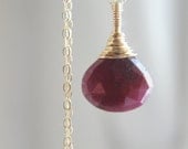 Red Ruby Necklace - 14k Gold Wire Wrapped Dark Burgundy Gemstone Pendant Handmade Jewelry Gifts for Her.