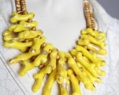Cascade Necklace / Bright Neon Yellow / Coral Handmade Beads / Gold Flecked Bib Statement Jewelry