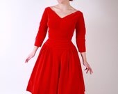 1950s Vintage Dress...Fall Fashion Red Velvet 50s Party Dress with Full Skirt by Jonny Herbert Size Small