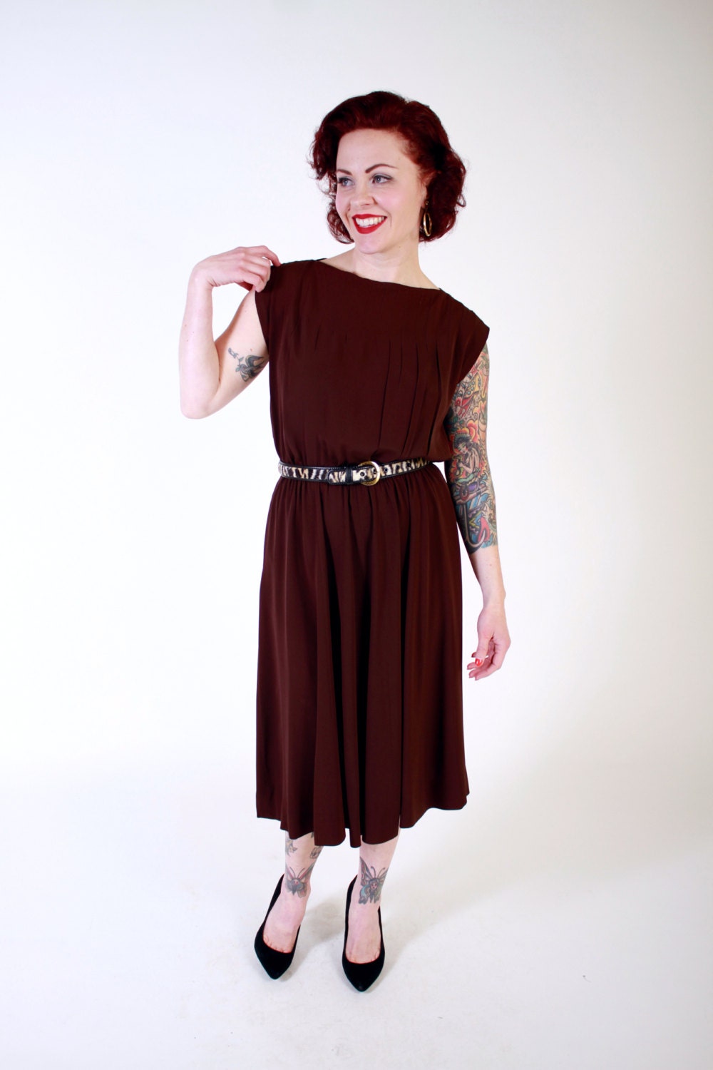 1950s Vintage Dress...Brown Rayon 50s Dress with Pleated Skirt Size Small Medium - as is