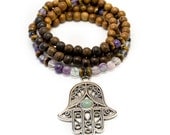 SALE - Hamsa Hand Mala Bead Necklace - Yoga Jewelry - Mala Beads
