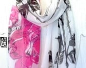 Hand Painted Silk Scarf. Black & Pink Roses Scarf. Handmade Silk Scarf. Spring Fashion. SIlk Chiffon Scarf Flowers. 10x54 in. Made to order.