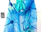 Large Silk Scarf. Hand Painted Floral Blue Silk Scarf. Spring Fashion. Silk Chiffon Scarf. 13x68 in. Made to order.