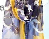 Hand Painted Silk Shawl Mustard Yellow and Gray Black Peonies Geisha Japanese Silk Shawl. Wraps Shawls, Silk Chiffon Scarf. Approx 19x82 in.