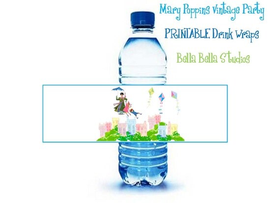 Mary Poppins Vintage Party Printable CUSTOMIZED DRINK WRAPS - Water bottle labels - Bella Bella Studios Il_570xn