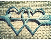 Antique Heart and Arrow Pin, Two Hearts Pierced with Cupid's Arrow, I love You, Vintage Open Metal Brooch