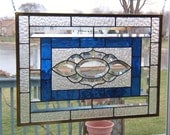 Beveled stained glass window panel Clear blue stained glass panel window hanging bevel cluster large transom