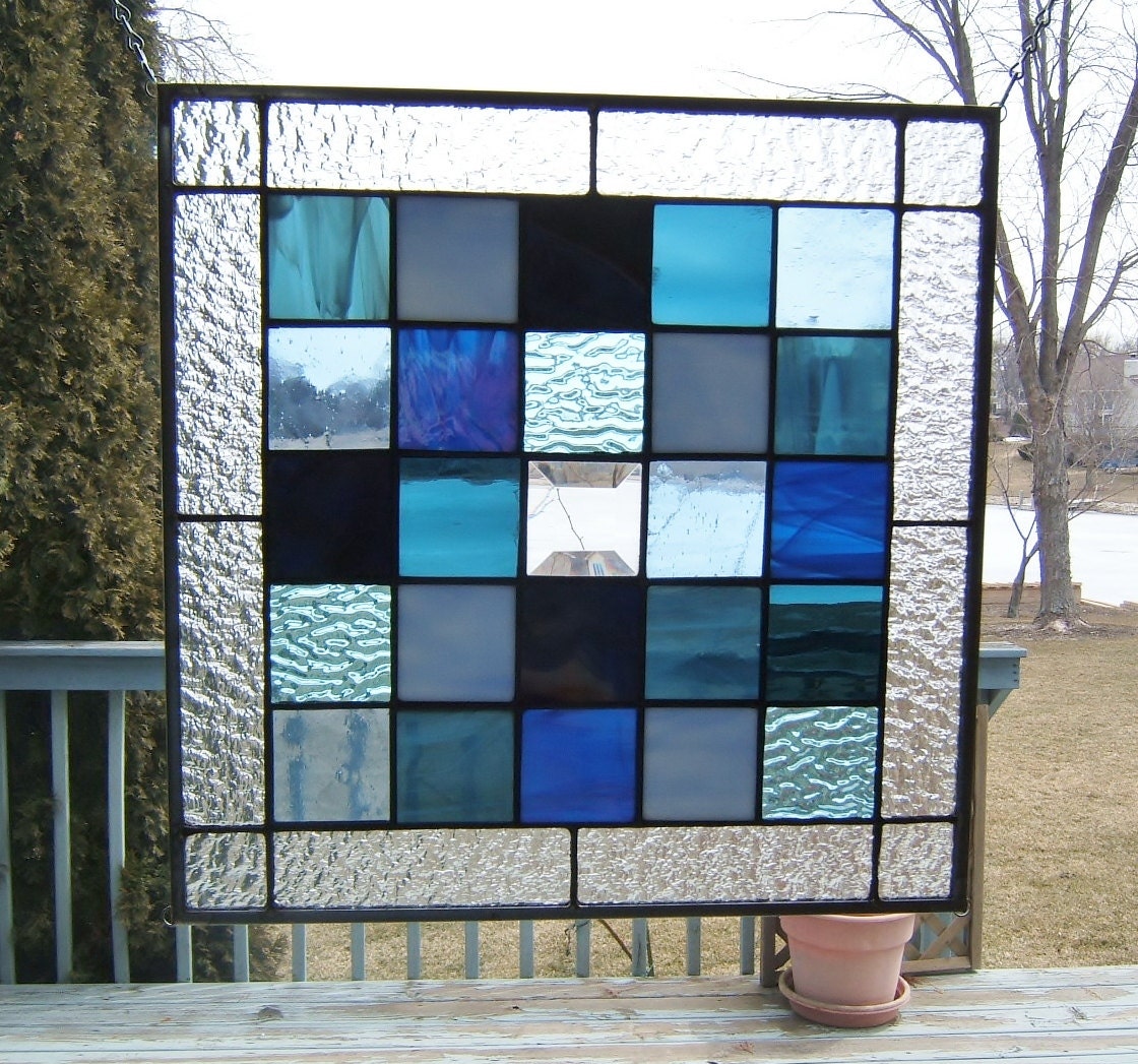 Blue squared stained glass panel geometric abstract stained glass window panel modern window hanging BS1