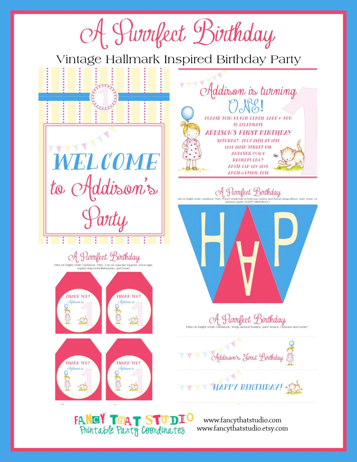 Sweet Kitten Little Girl Birthday Hallmark Inspired - A Purrfect Birthday -  Party Printables FULL Collection