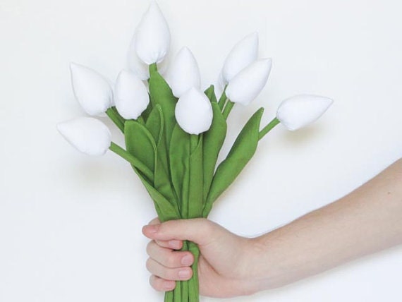 Dozen of tulips, white flowers bouquet fabric flower - Mothers day Easter gift for girl and wife. Birthday gift,bridal shower wedding - HappyDollsByLesya
