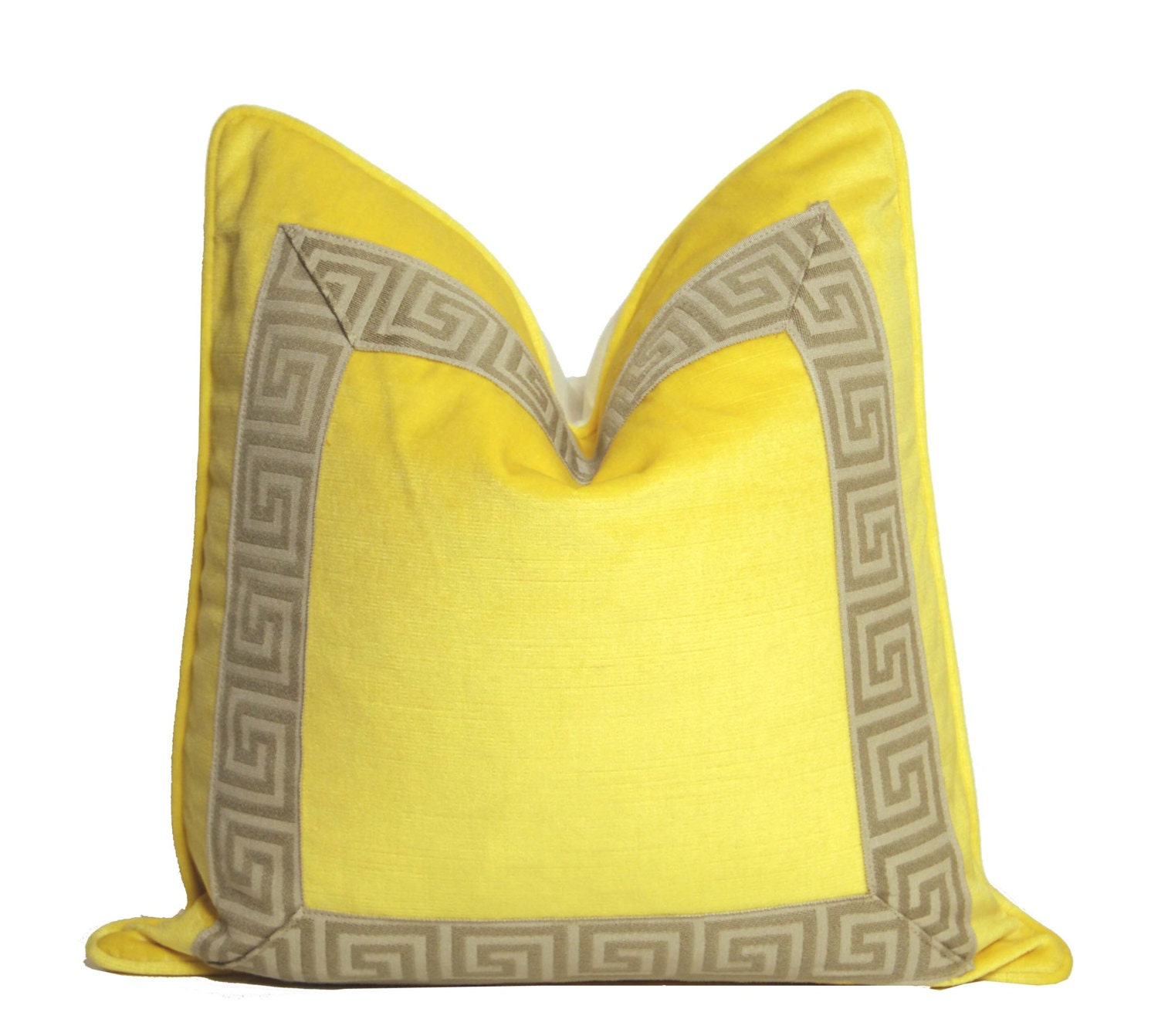 Lemon Yellow Velvet Pillow with Greek Key Detail