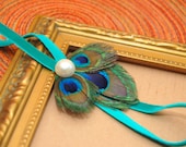 Peacock Feather Fan Headband on Turquoise Blue Velvet Elastic