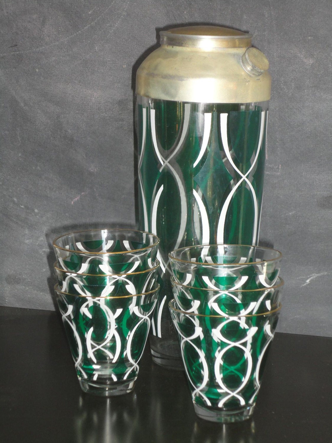 Vintage Barware Set Cocktail Shaker Six Glasses Emerald Green and White