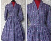 Vintage 1950's Purple Shirt Dress with Roller Skate Novelty Print Medium