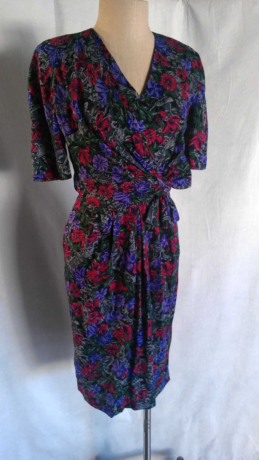 Vintage Floral Purple, Green & Gray Dress