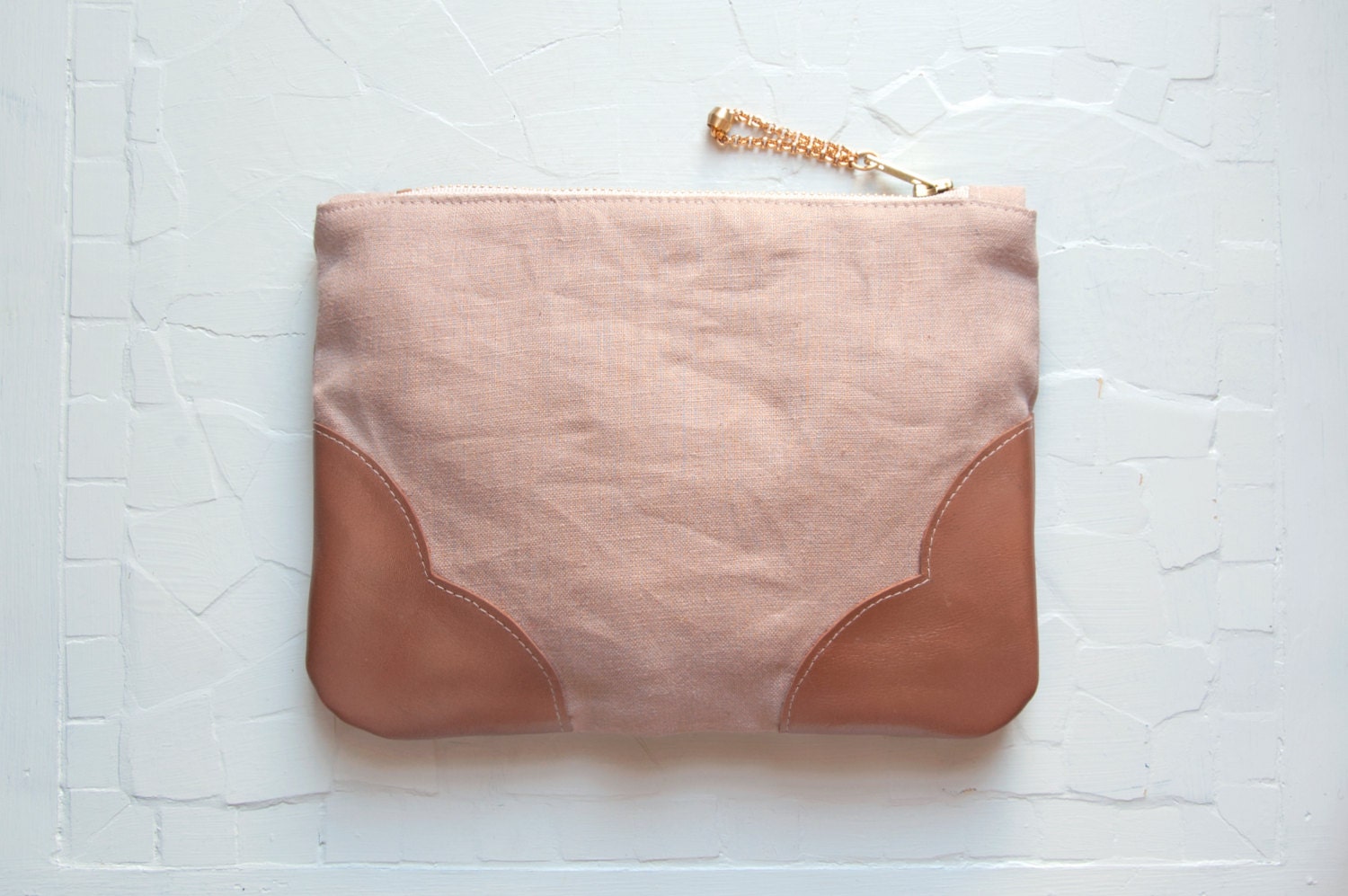 ROSE Linen Clutch. Leather Cosmetic Bag. Linen Make Up Bag.