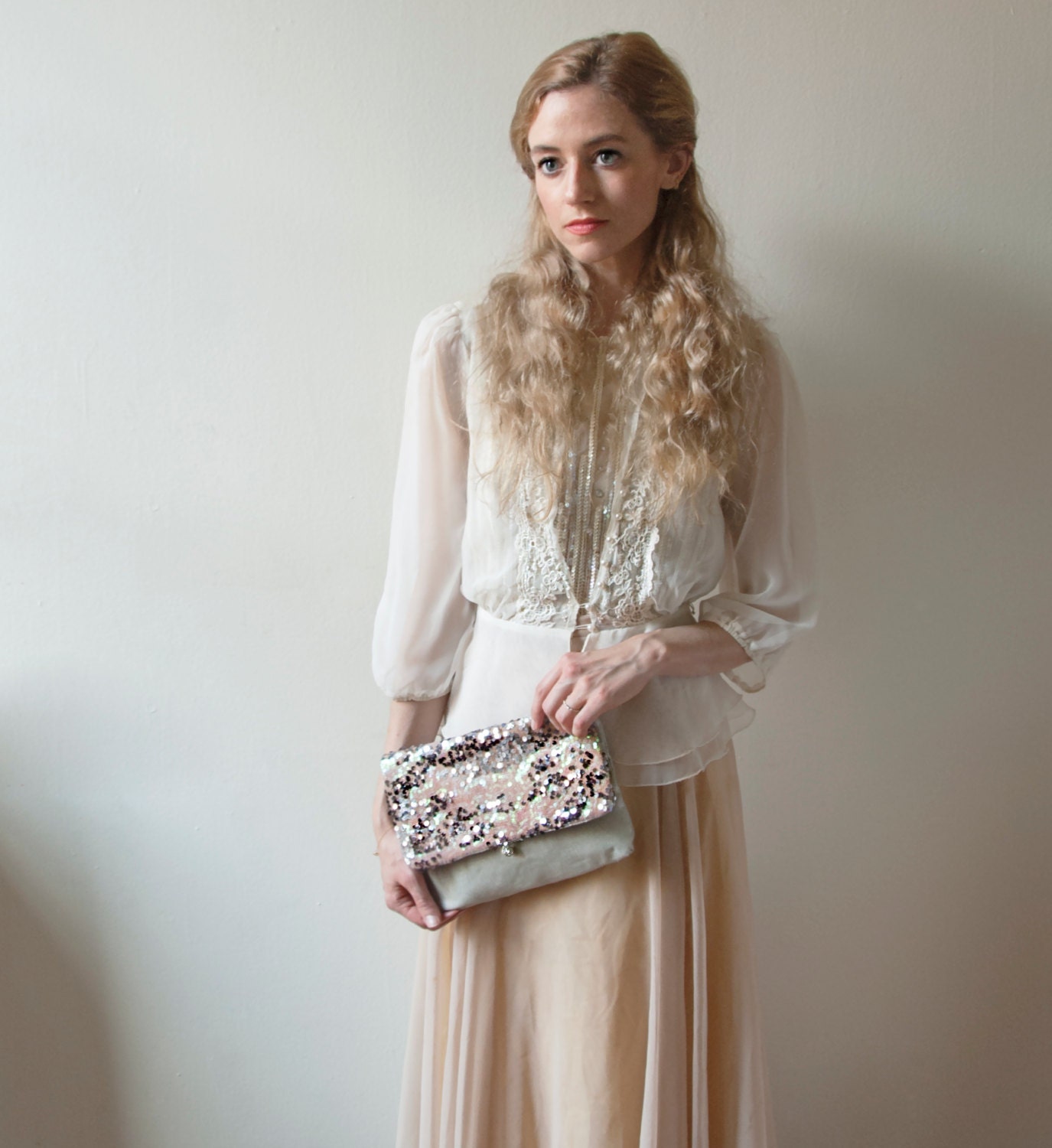 MERMAID Pink ISABELLA Linen Sequin Clutch. Nude Blush Wedding Clutch