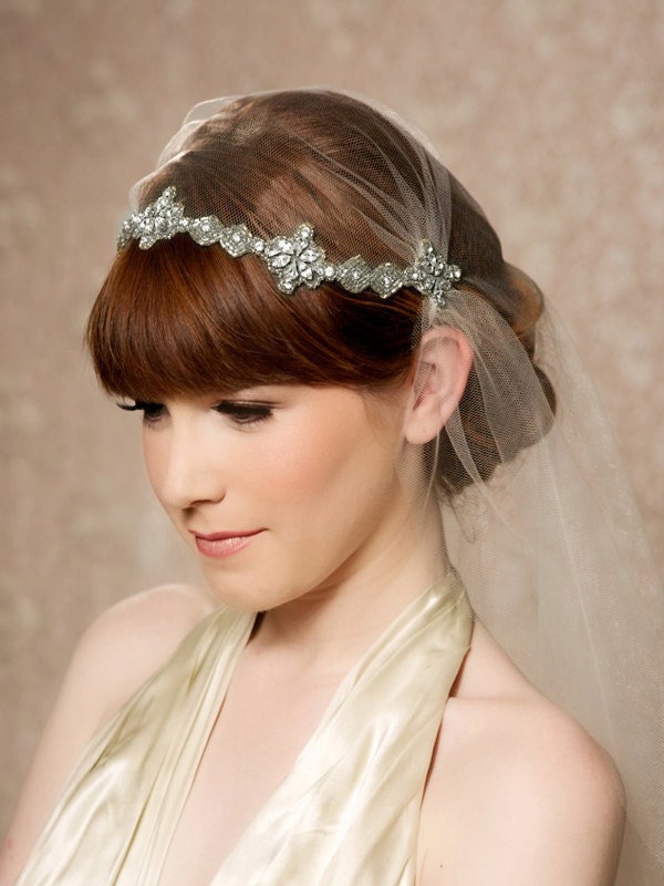 Silver Crystal Juliet Cap Veil Vintage Inspired Tulle Veil, Juliet Veil, Rhinestones, Swarovski Crystals, Art Deco - Made to Order - FIONA