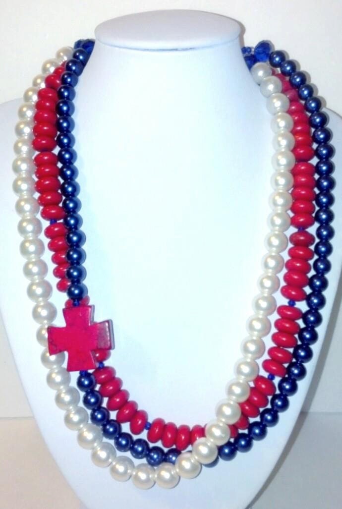 Red White and Blue Triple Strand Necklace with Red Cross Accent