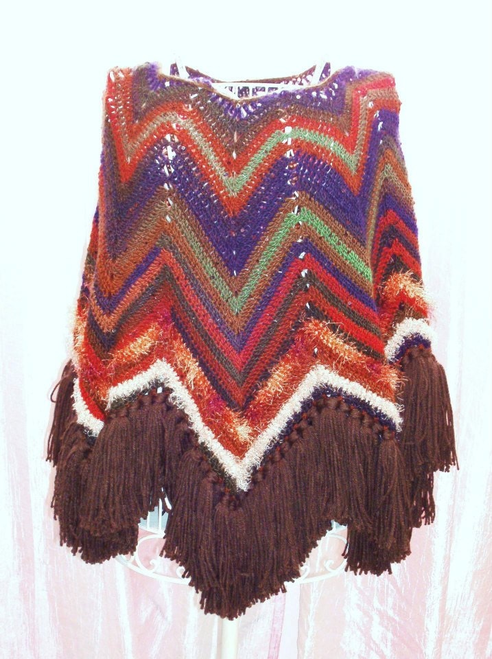 Crochet Fringe Poncho - Adult Size - Made to Order - Sequin Wool Blend Poncho