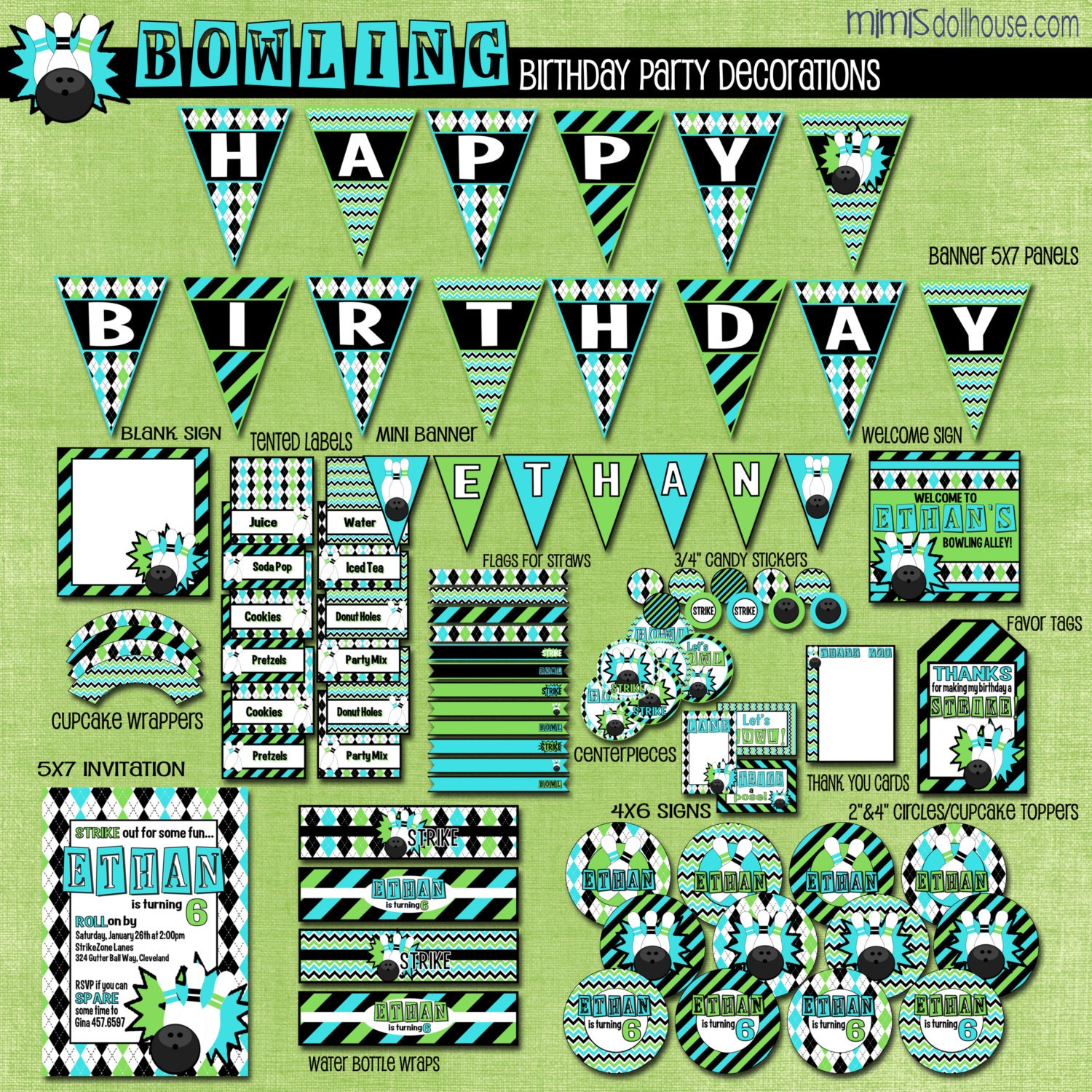 Bowling Party Decorations- Printable Bowling Birthday Party Decorations- Bowl Birthday Party PDF/JPEG Il_570xn