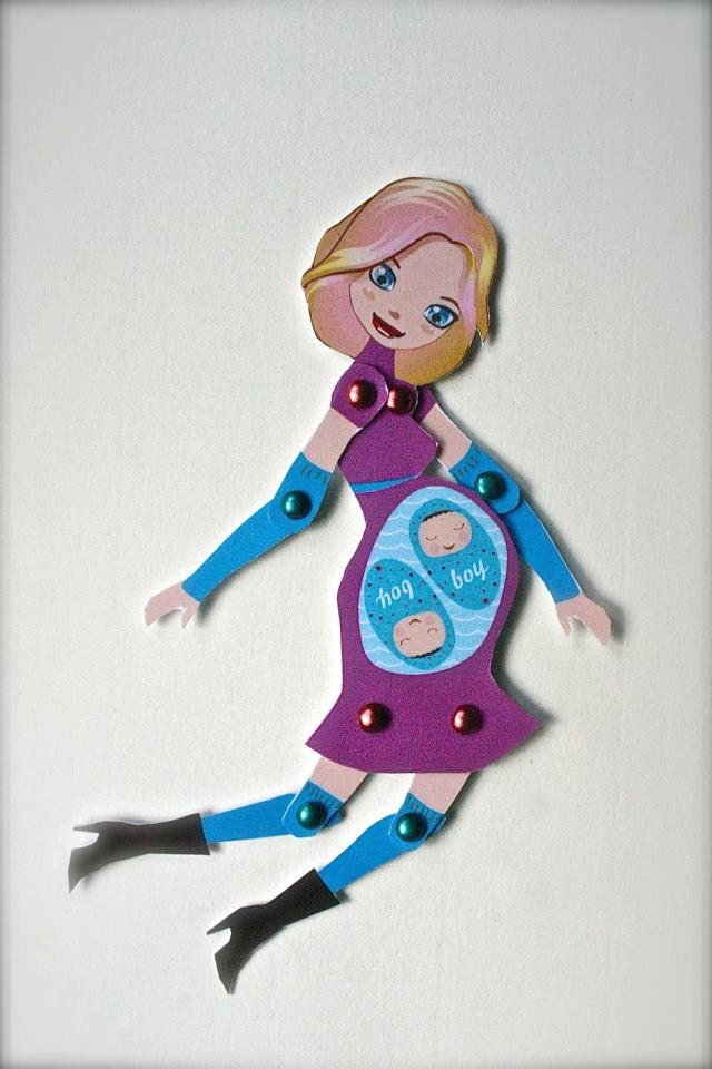 Moveable pregnant paperdoll in violet and blu dress with blonde hair - twins boys