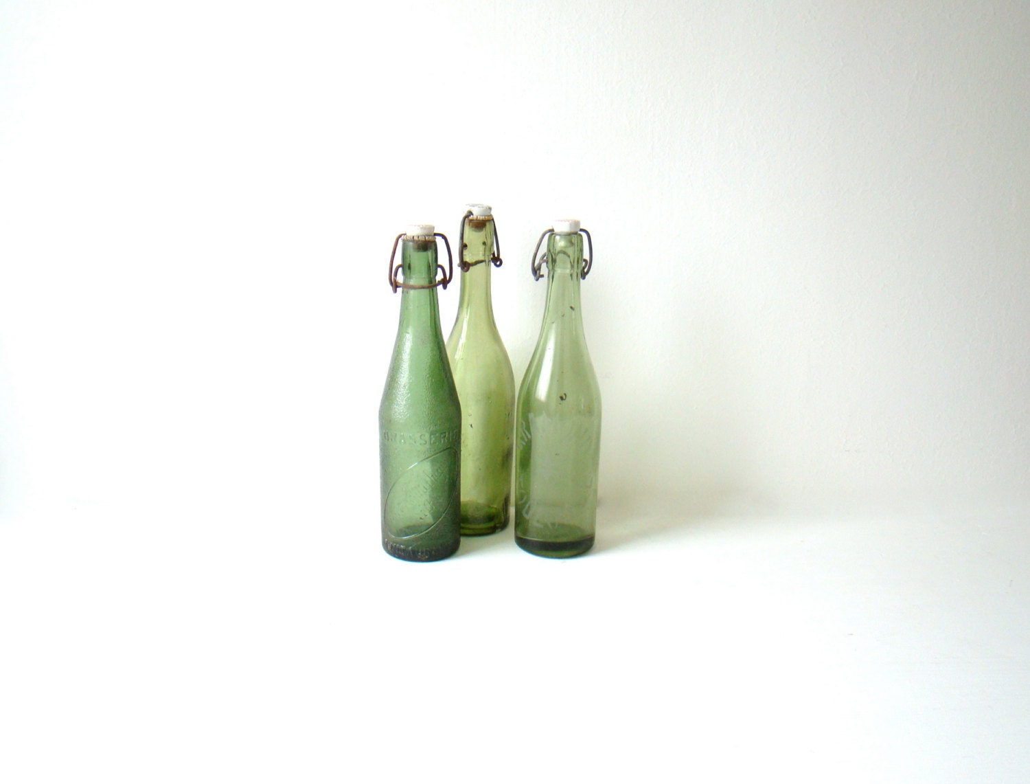 antique french green bottle, green sode bottle with original porcelain top, spring window dressing, french home decor
