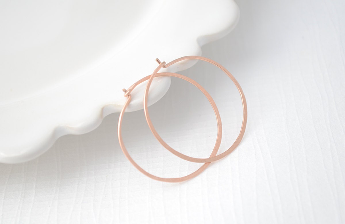 Rose gold hoops - hammered hoop earrings - pink gold