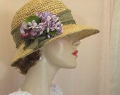 Summer straw 20's cloche with vintage nosegay for golf, garden hat or Downton Abbey event