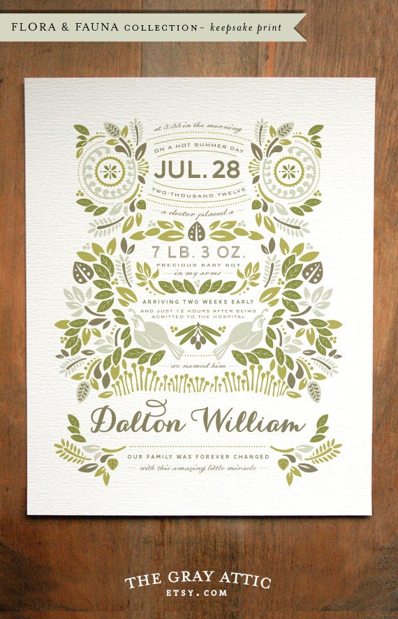 Custom Birth Story Keepsake Print - (Flora & Fauna - Summer) - 8x10 - Modern, Contemporary