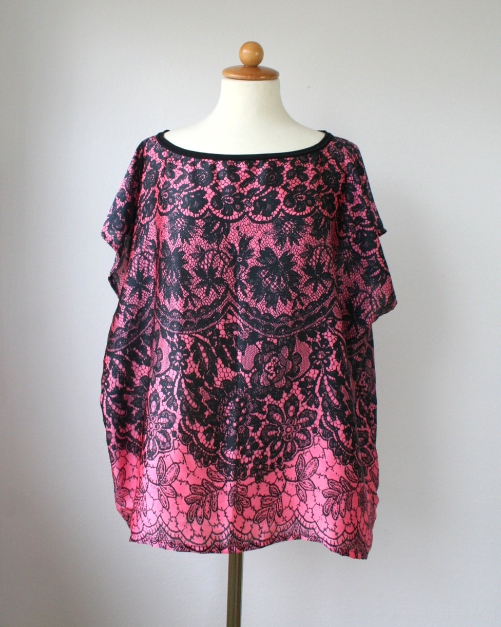 Lace satin top, black and pink, oversized summer blouse, box tshirt, one size