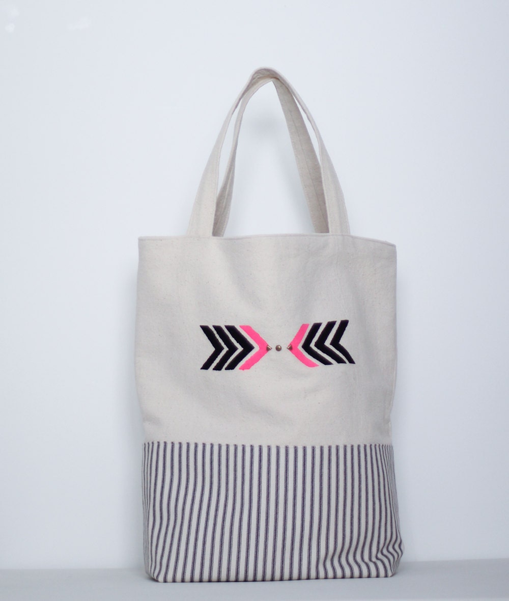 Graphic painted chevron and studs cotton tote bag