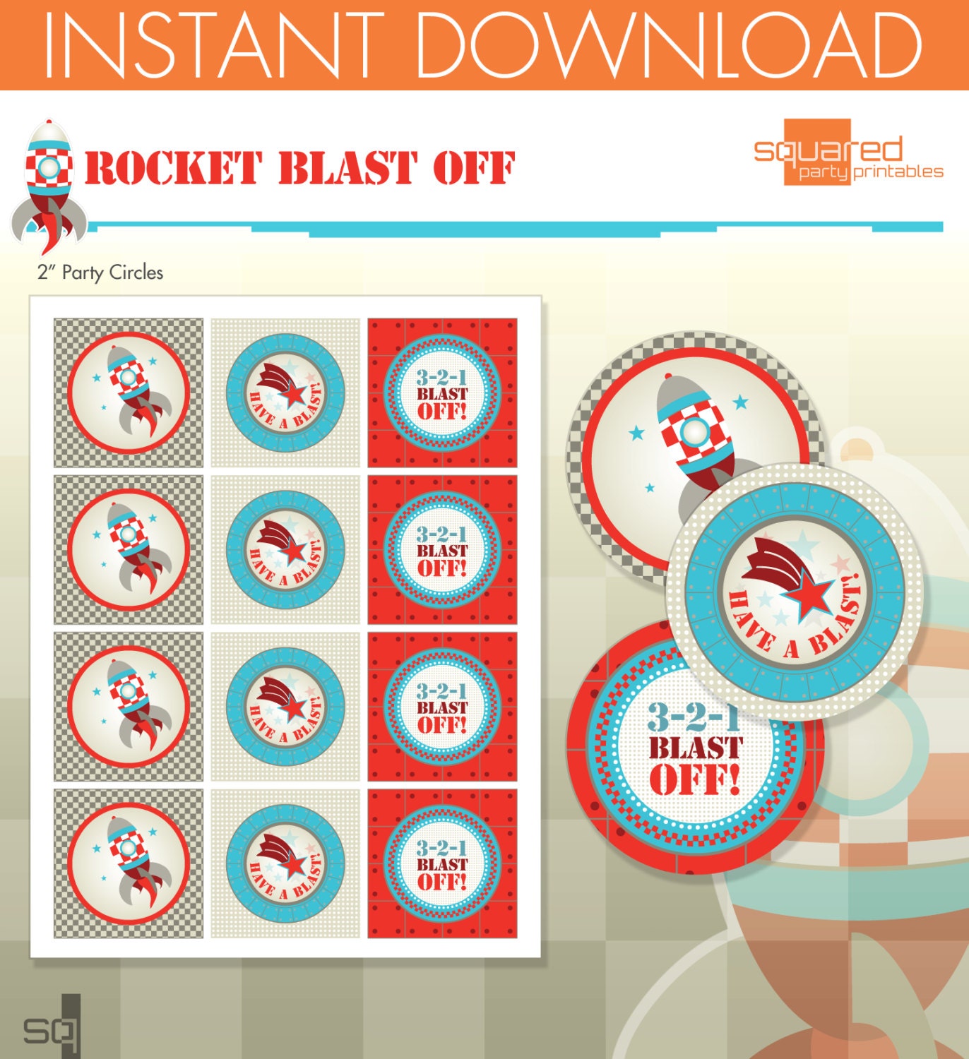 Rocket Ship Spaceship Birthday Party Printables - Party Circles - Party Logos - DIY Print - Blast Off - Instant Download Il_570xn