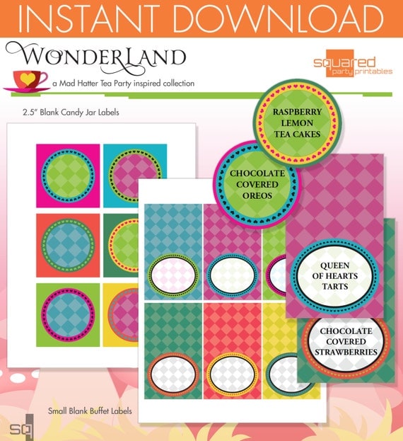 Mad Hatter Tea Party Inspired Printable Candy Jar and Small Buffet Labels - DIY Print - Alice in Wonderland Inspired - Instant Download Il_570xn
