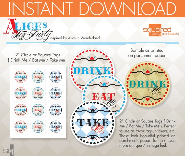 Alice in Wonderland Vintage Tea Party Printable - Favor Tag - Eat Me - Drink Me - Take Me Package - DIY Print - Instant Download
