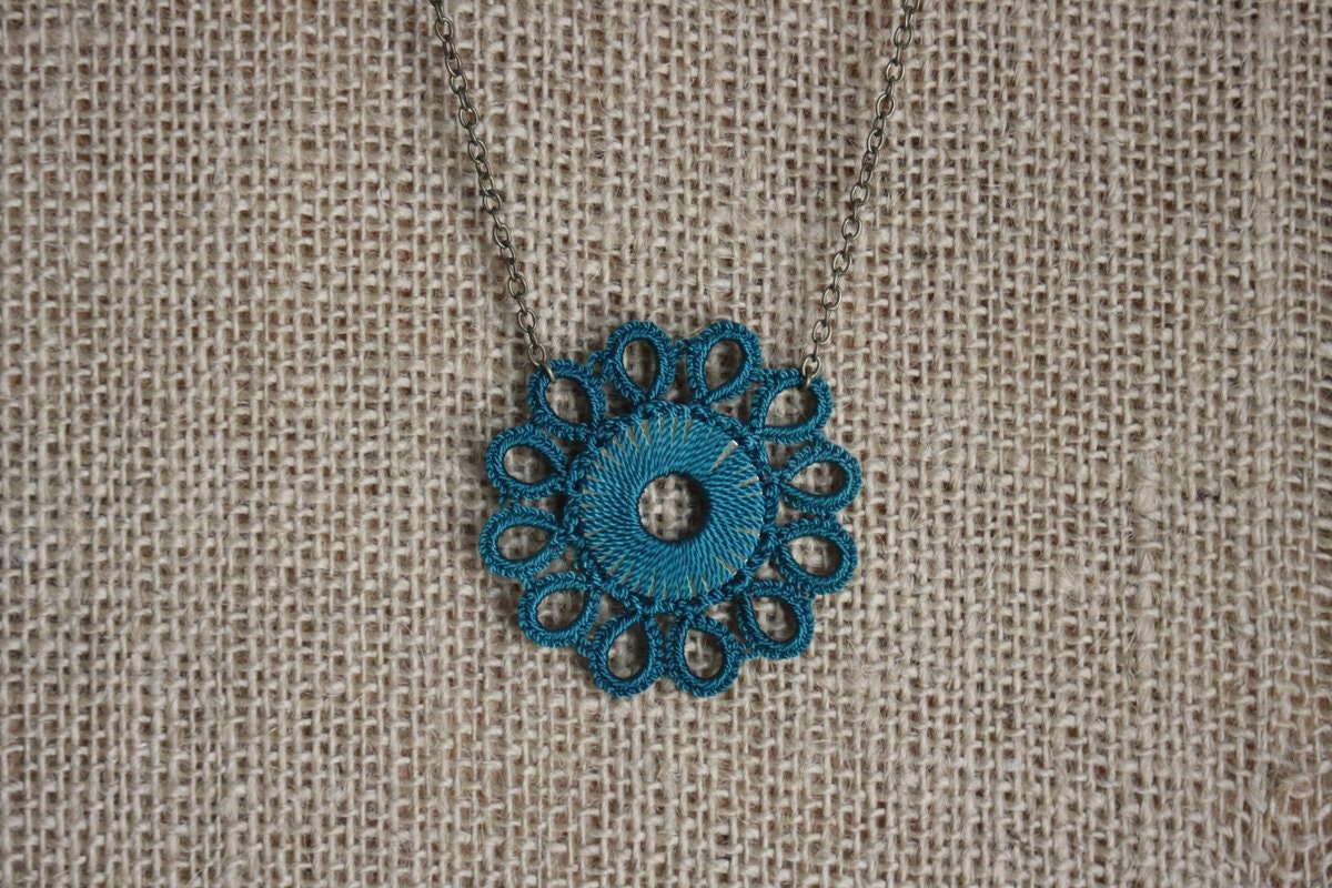 Kachin Necklace (Tatted Flower in Teal and Bronze, by Christine)