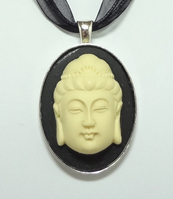 Buddha Cameo Necklace with Swarovski Crystals, Wooden Fan and Mask Charms - On A Triple Black Ribbon