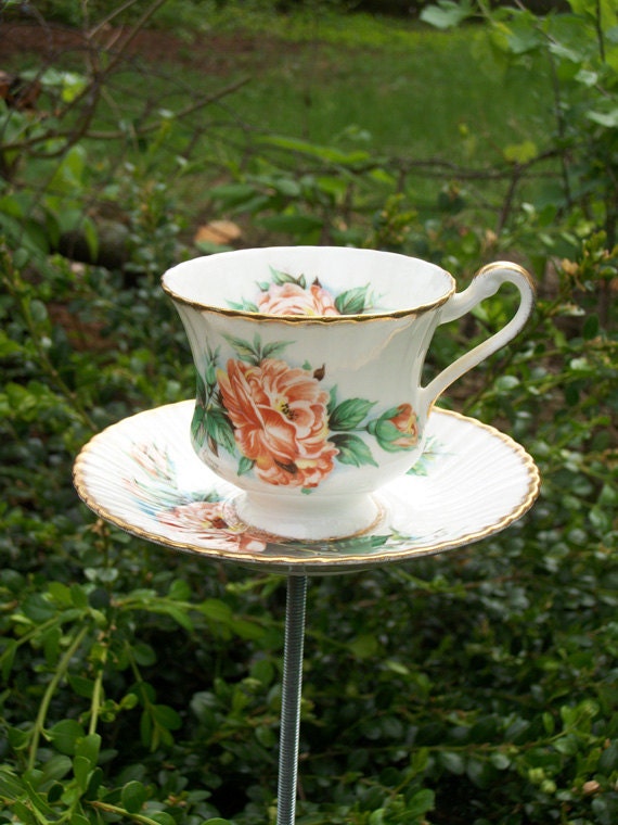 Peach Rose Tea Cup Bird Feeder Garden Decor - Shabby Chic Upcycled China