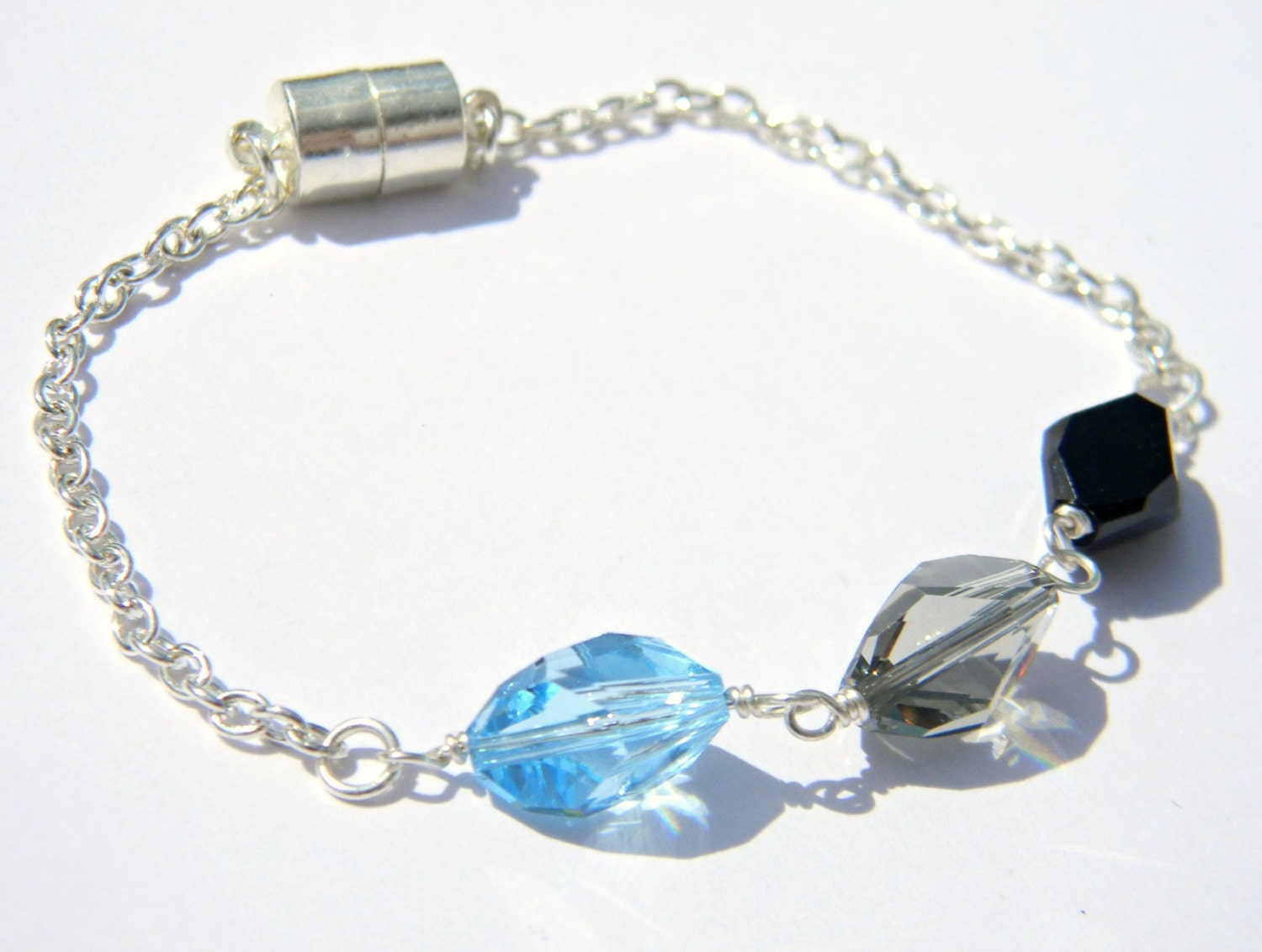 Modern Chained Bracelet   Aquamarine Blue, Jet Black, Smoke Gray Geometric Cubist Beads  Silver Chain  Beaded Jewelry  Arthritis Friendly