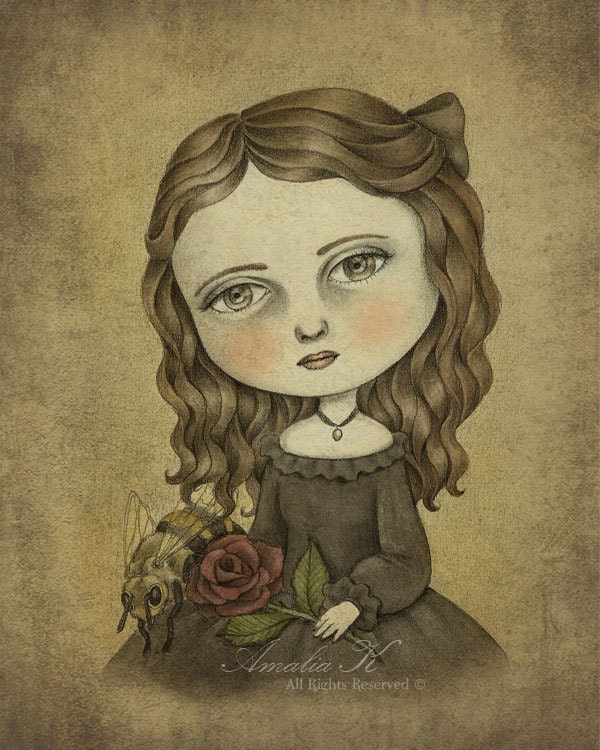 Print of Original Watercolor Painting, Evangelina and The Bee by Amalia K - Gothic, Vintage Inspired Illustration