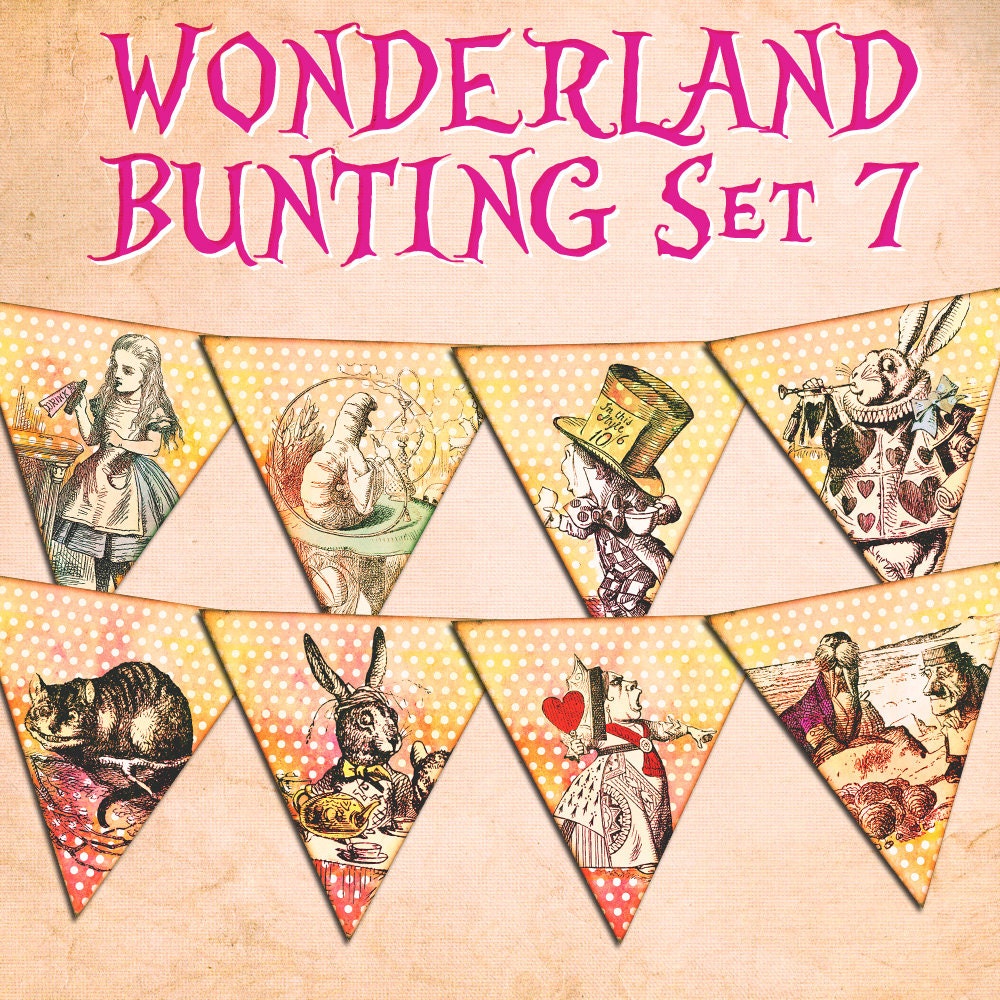 ALICE in WONDERLAND BUNTING Set 7 Alice decoration digital printable bunting download for scrapbooking, party printables and graphic design.