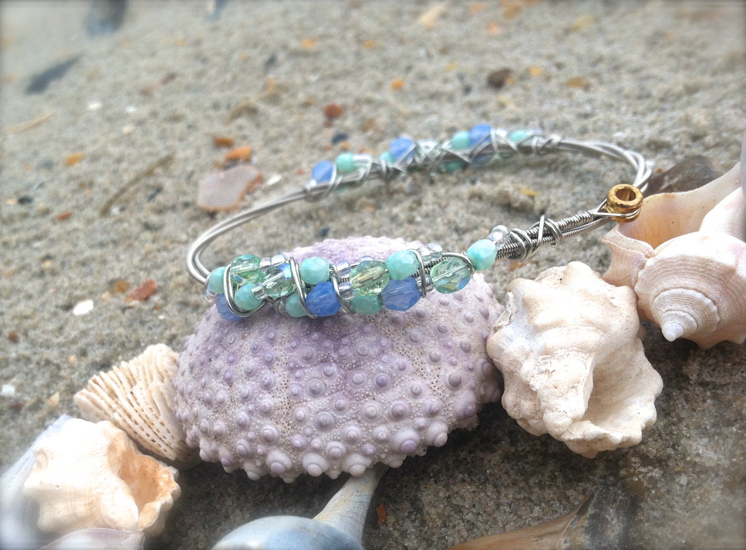 SILVER LINING Guitar String Bangle Bracelet. Recycled, Eco-friendly Adornment. Stackable, Glass Beaded Bangle.