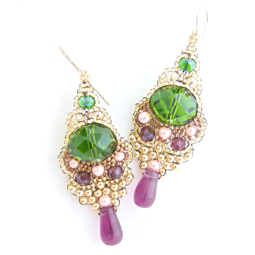 Beaded Skull Earrings, Statement Earrings, Green Earrings, Amethyst, Gold, Pearls, Crystals, OOAK Handmade by JeannieRichard