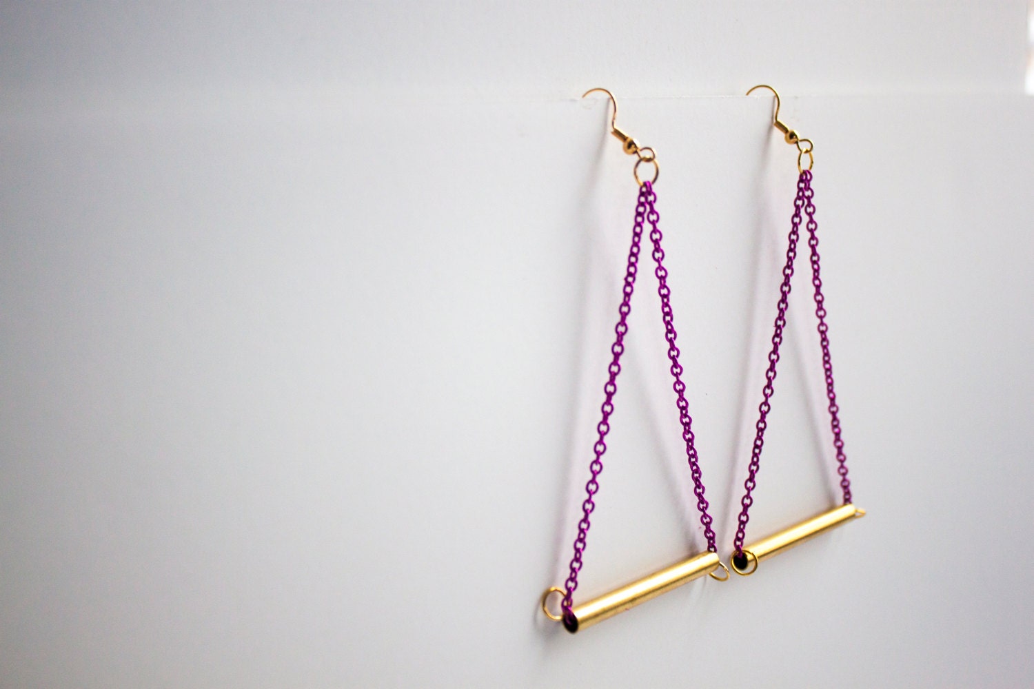 Metallic Brass and Pink Chain Triangle Dangle Earrings by Cre8tivesoul