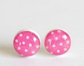 Hot Pink Polka Dots - Post earrings - Neon Pink and White Resin Jewelry - Handmade Polymer Clay Earrings