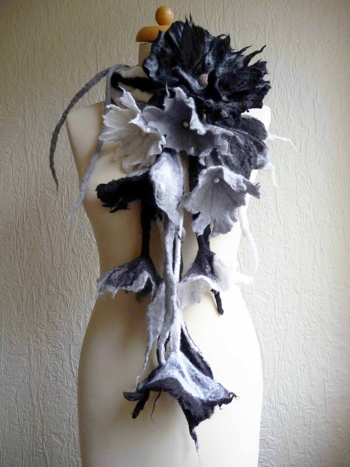 Custom made, felted wool flower necklace, lariat, belt ,scarf, handmade, felt, quirky and unusual spiky necklace, lagenlook, made to order