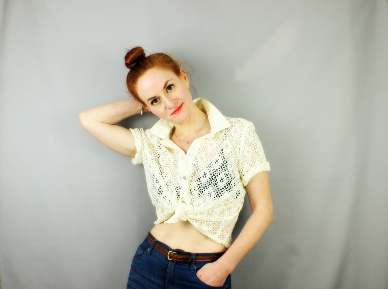 Crochet Blouse Vintage Button-Up Sheer Cream Top Short Sleeves Small