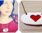 Hand Stamped Heart Pendant Necklace. Romantic Jewelry. Leaf Nature Clay Pendant. Limited Edition