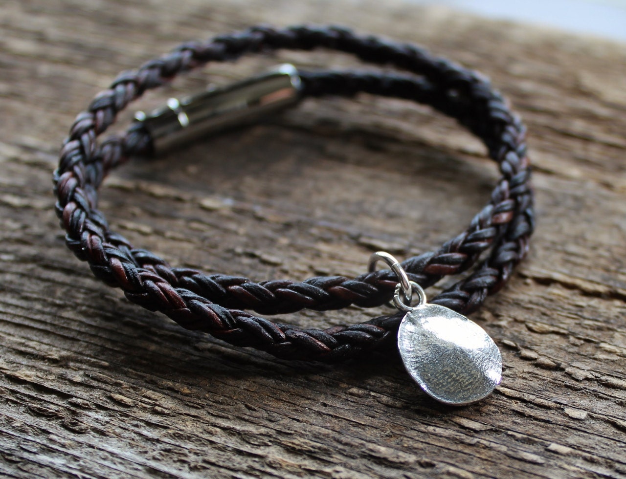 Personalized Fingerprint Bracelet - Leather & Fine Silver - Unisex Gift